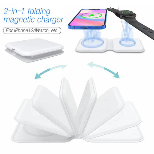 White foldable magnetic wireless charging dock showing dual charging surfaces and compact folded design