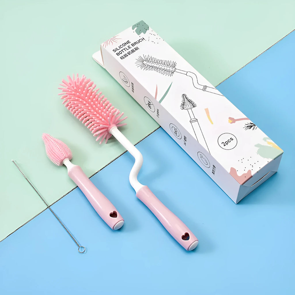 Silicone baby bottle cleaning brush set in pink, blue, and yellow colours for washing bottles and scrubbing straws.