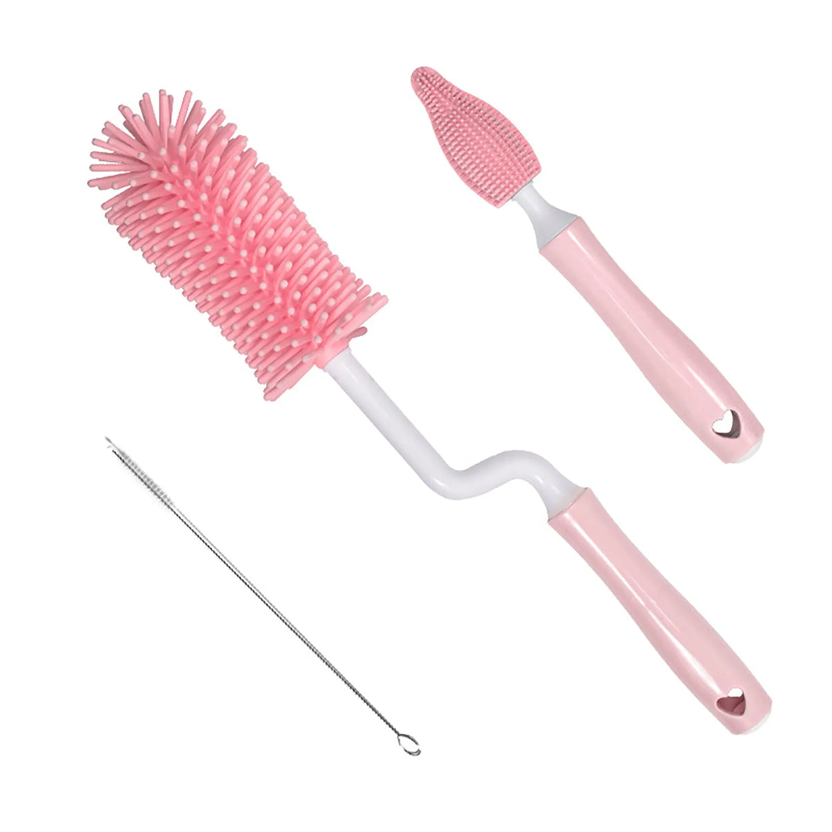 Silicone baby bottle cleaning brush set in pink, blue, and yellow colours for washing bottles and scrubbing straws.