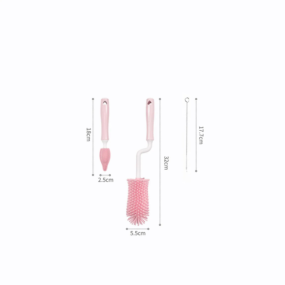Silicone baby bottle cleaning brush set in pink, blue, and yellow colours for washing bottles and scrubbing straws.