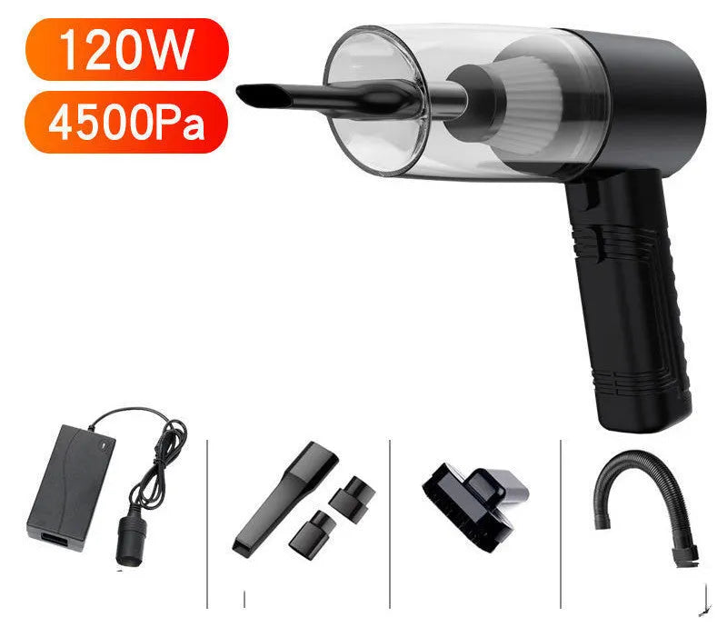 Black and white car vacuum cleaner with accessories on 5-metre cord
