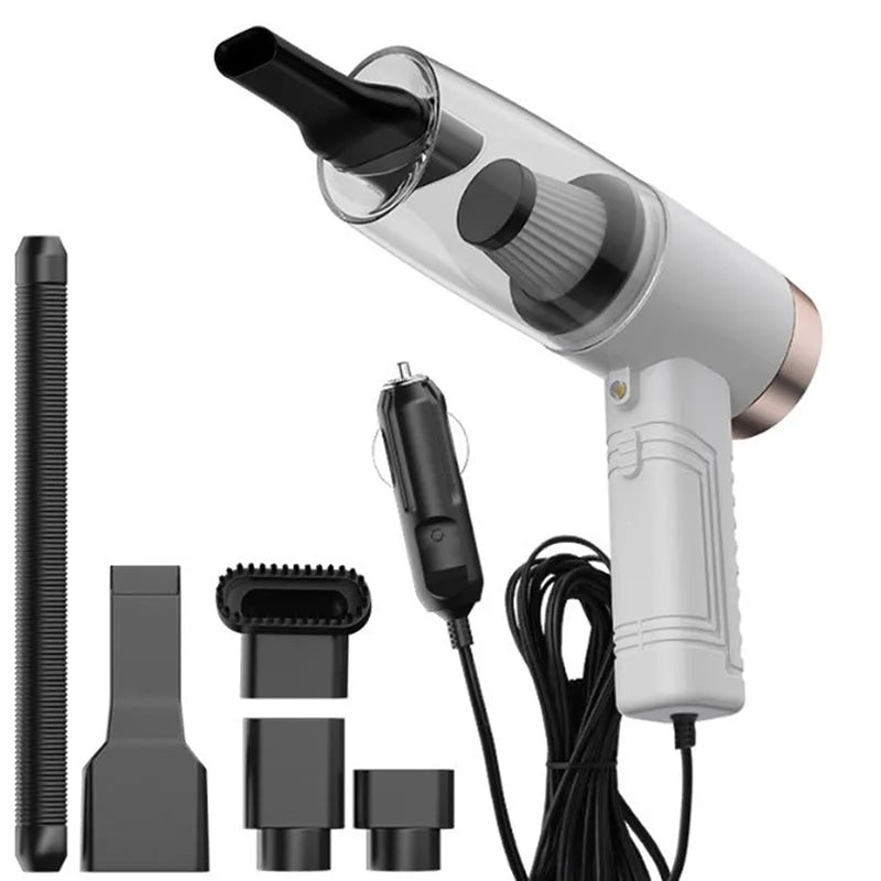 Black and white car vacuum cleaner with accessories on 5-metre cord