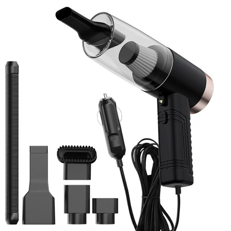 Black and white car vacuum cleaner with accessories on 5-metre cord