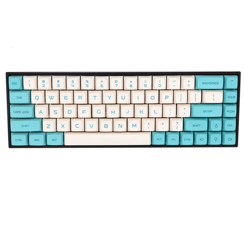 Set of 68 solid-colour PBT keycaps for a mechanical keyboard, shown in a choice of nine colours.