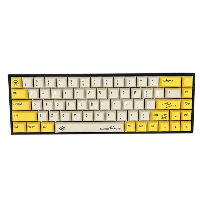 Set of 68 solid-colour PBT keycaps for a mechanical keyboard, shown in a choice of nine colours.
