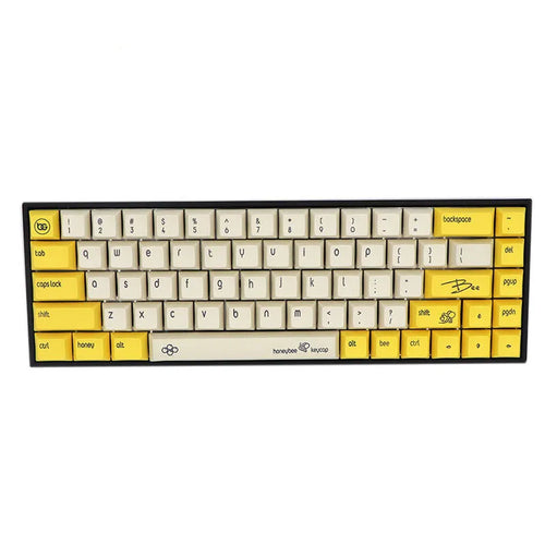 Set of 68 solid-colour PBT keycaps for a mechanical keyboard, shown in a choice of nine colours.