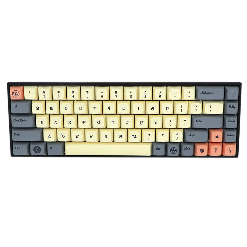 Set of 68 solid-colour PBT keycaps for a mechanical keyboard, shown in a choice of nine colours.