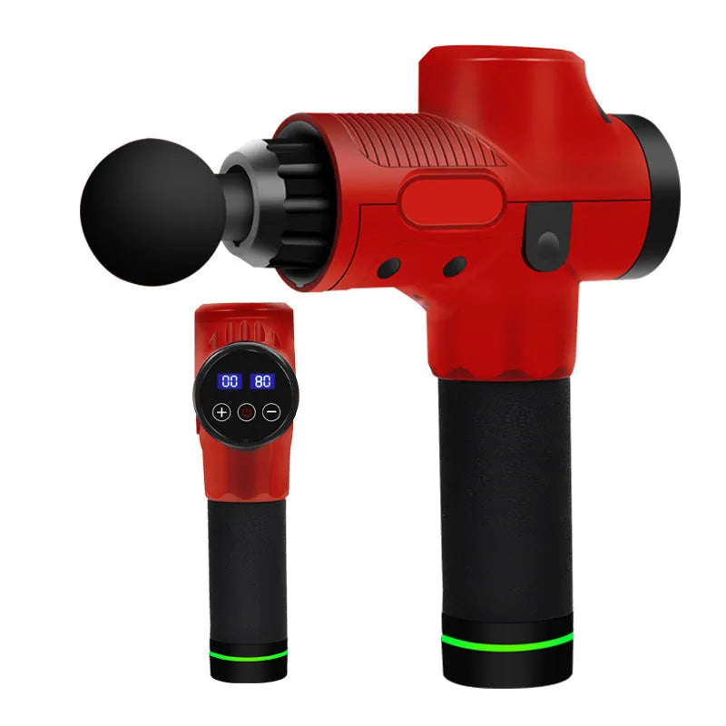 Black electric body massage gun with multiple heads on a grey background.