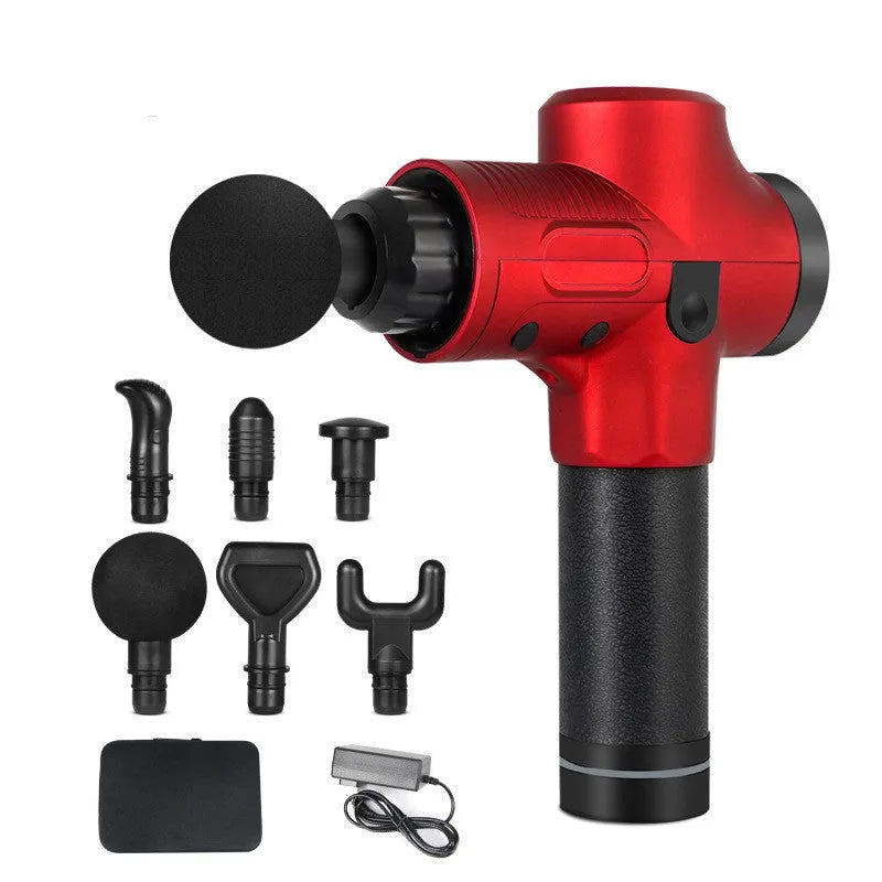 Black electric body massage gun with multiple heads on a grey background.