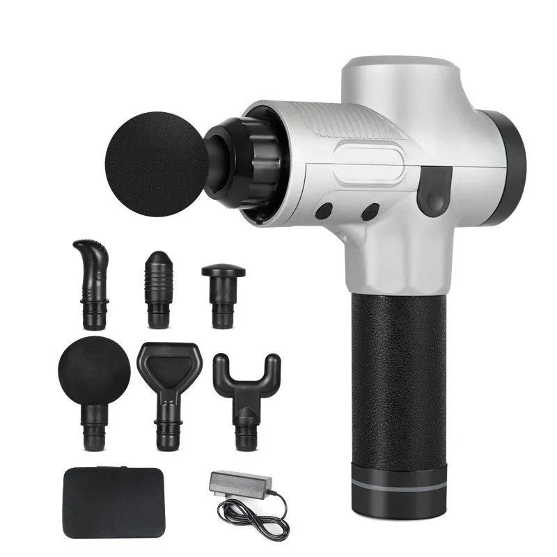 Black electric body massage gun with multiple heads on a grey background.