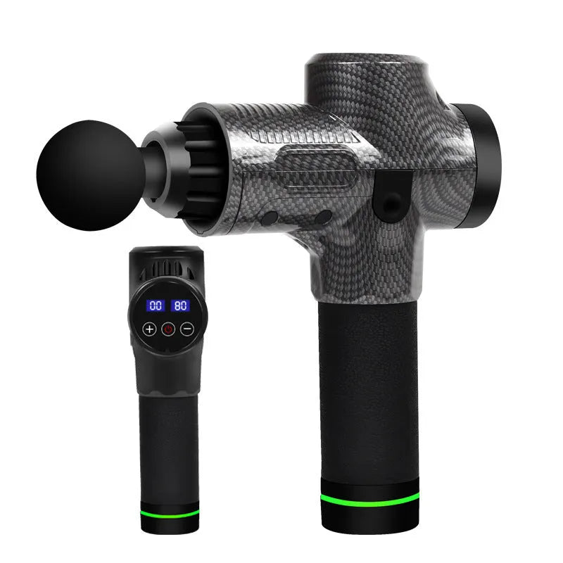 Black electric body massage gun with multiple heads on a grey background.