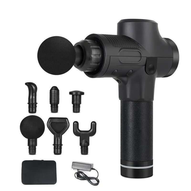 Black electric body massage gun with multiple heads on a grey background.