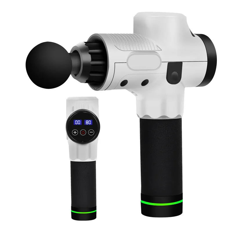 Black electric body massage gun with multiple heads on a grey background.