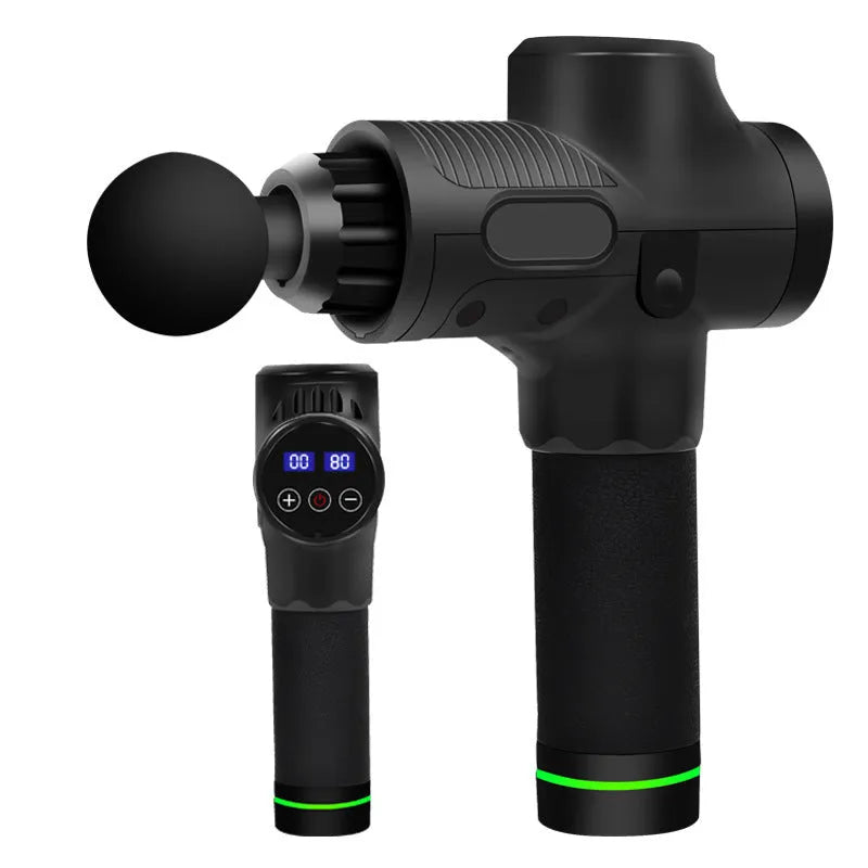 Black electric body massage gun with multiple heads on a grey background.