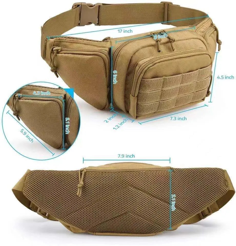 Men's tactical multifunctional waist bag in black and khaki colours with moderate storage capacity