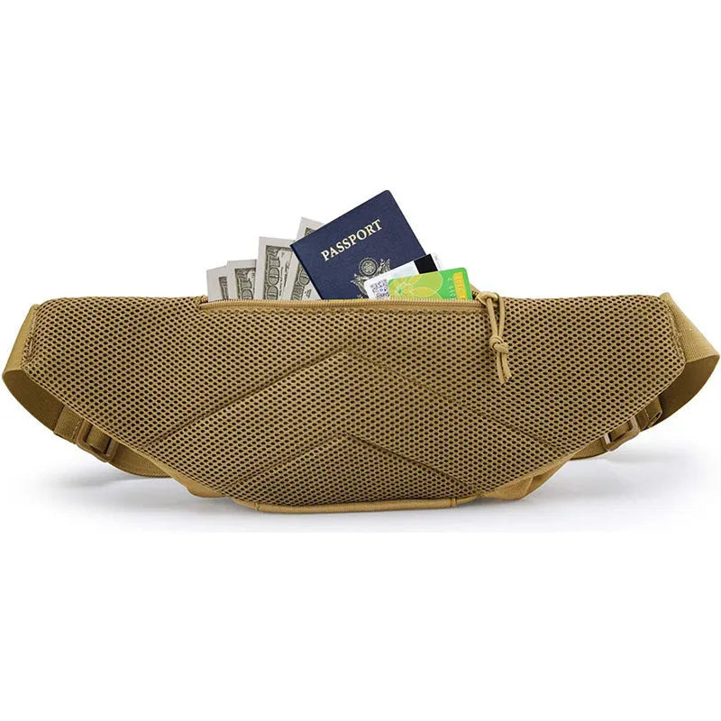 Men's tactical multifunctional waist bag in black and khaki colours with moderate storage capacity