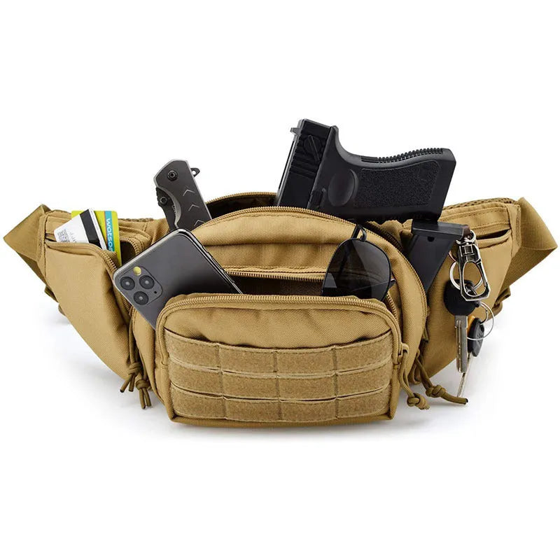 Men's tactical multifunctional waist bag in black and khaki colours with moderate storage capacity