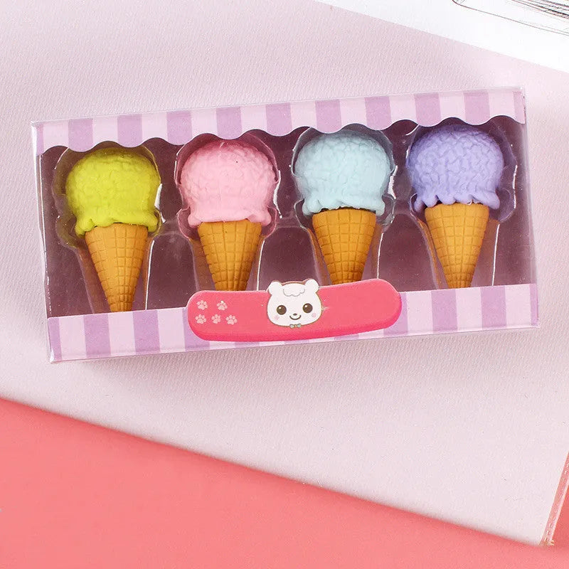 Set of 12 cartoon food erasers including cones, ice cream, donuts, and lollipops for children.