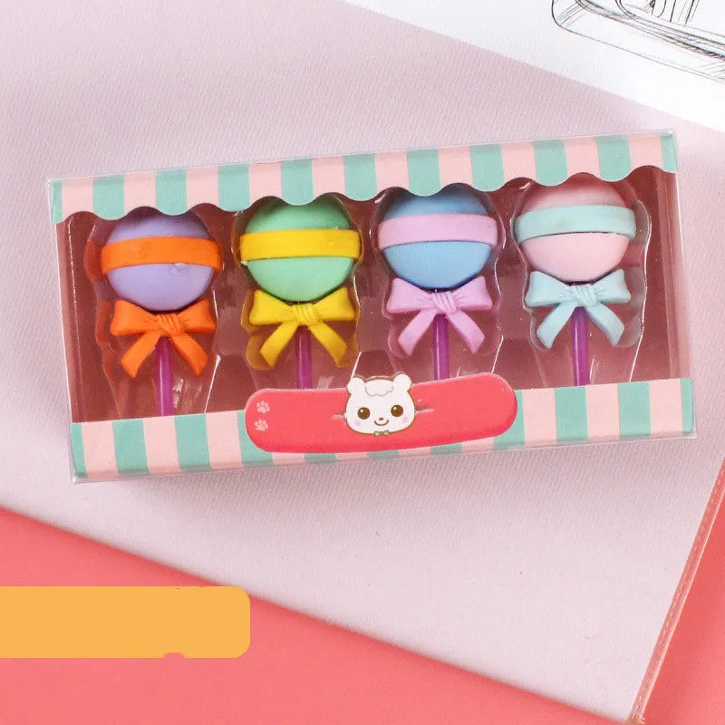 Set of 12 cartoon food erasers including cones, ice cream, donuts, and lollipops for children.