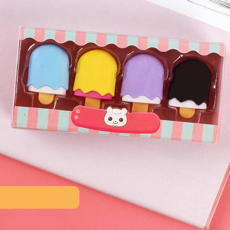 Set of 12 cartoon food erasers including cones, ice cream, donuts, and lollipops for children.