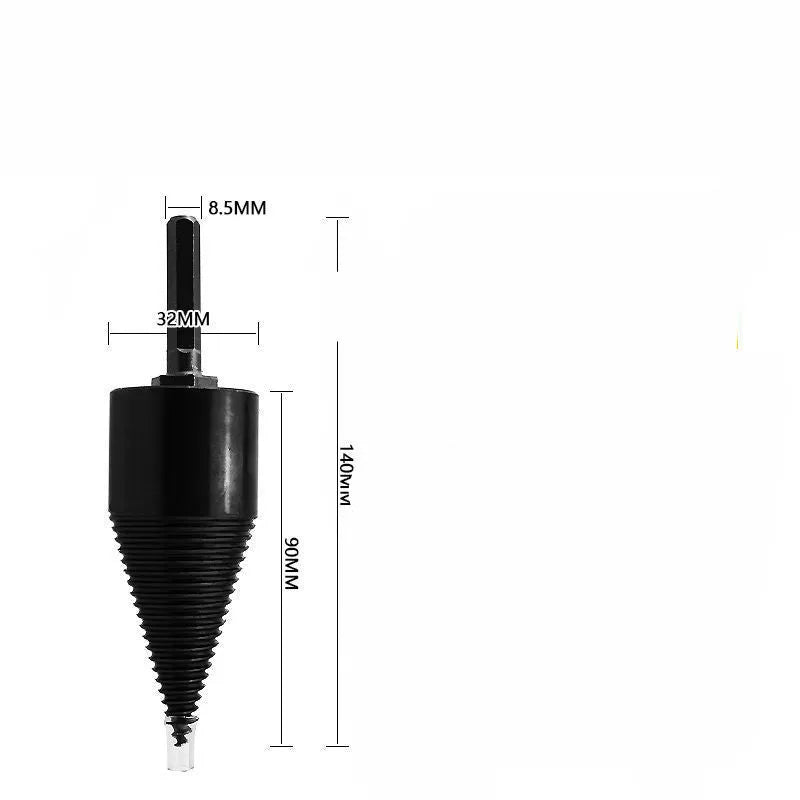 Hexagonal shank metal firewood splitting drill bit cone in two sizes for electric drills.