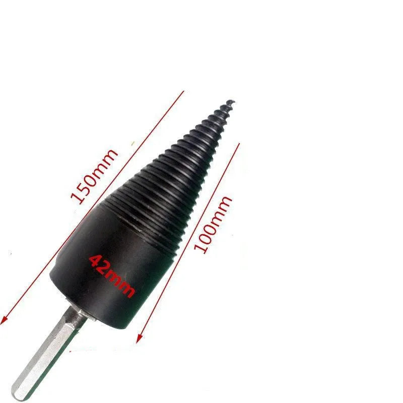 Hexagonal shank metal firewood splitting drill bit cone in two sizes for electric drills.