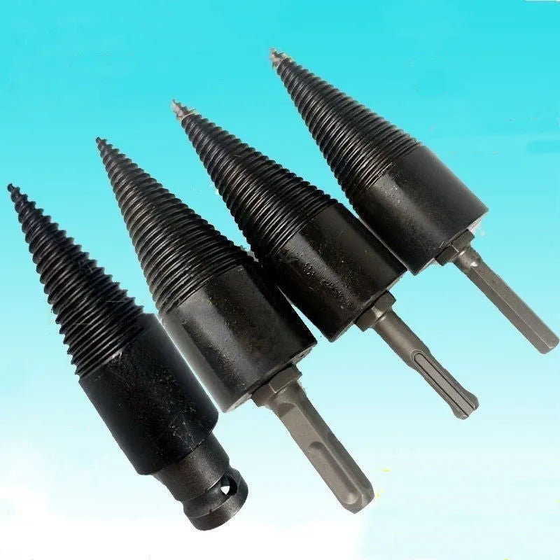 Hexagonal shank metal firewood splitting drill bit cone in two sizes for electric drills.