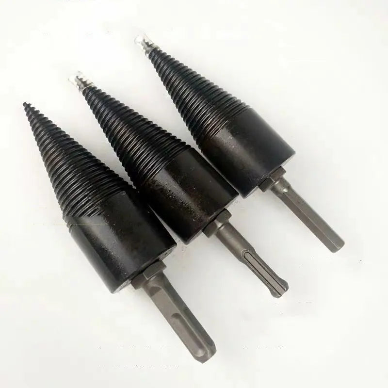 Hexagonal shank metal firewood splitting drill bit cone in two sizes for electric drills.