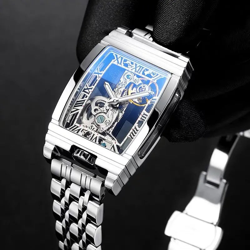 Daystar square stainless steel manual mechanical watch with leather strap and white dial