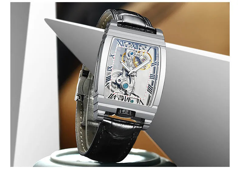 Daystar square stainless steel manual mechanical watch with leather strap and white dial