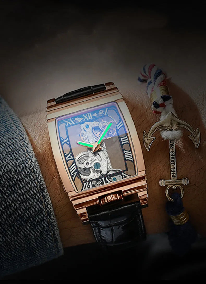 Daystar square stainless steel manual mechanical watch with leather strap and white dial
