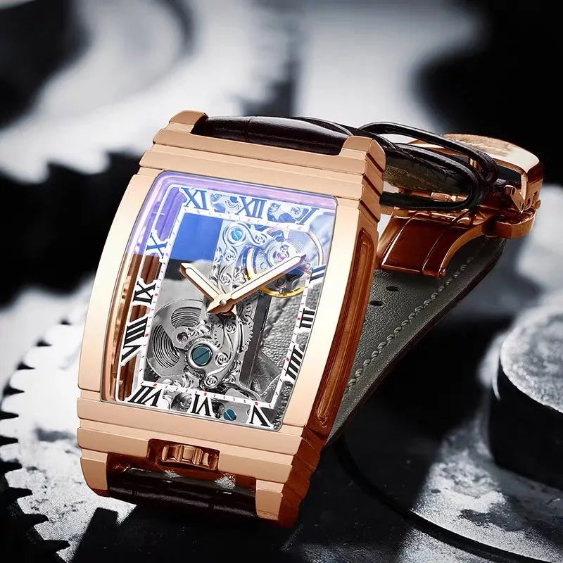 Daystar square stainless steel manual mechanical watch with leather strap and white dial