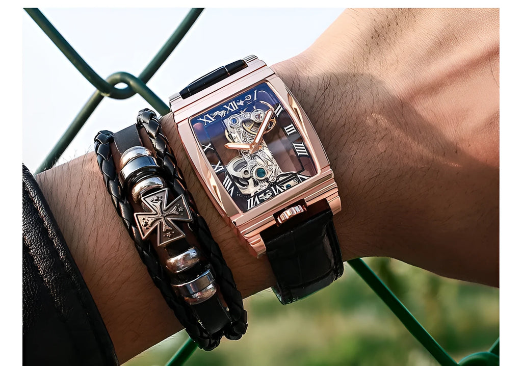 Daystar square stainless steel manual mechanical watch with leather strap and white dial