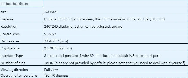 1.3 inch IPS LCD display module with 240x240 resolution and 18-pin connector interface