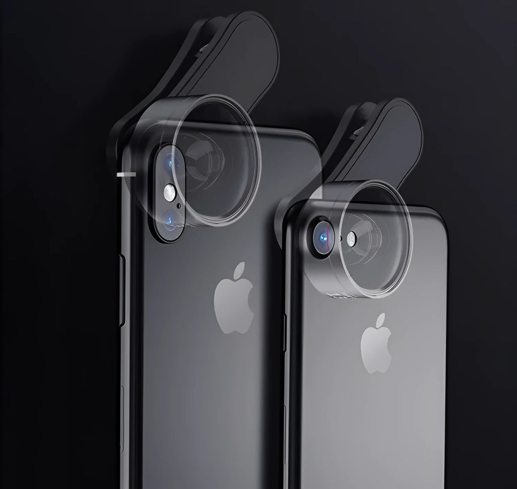 Universal mobile phone camera lens kit with clip-on attachment and integrated fill light