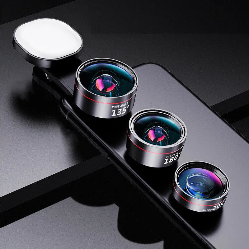 Universal mobile phone camera lens kit with clip-on attachment and integrated fill light