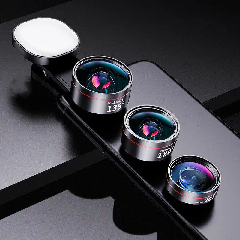 Universal mobile phone camera lens kit with clip-on attachment and integrated fill light