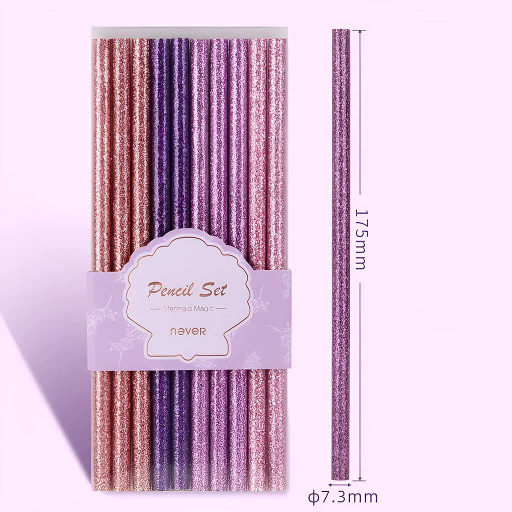Mixed colour HB pencils in display box with purple glitter and pale pink variations