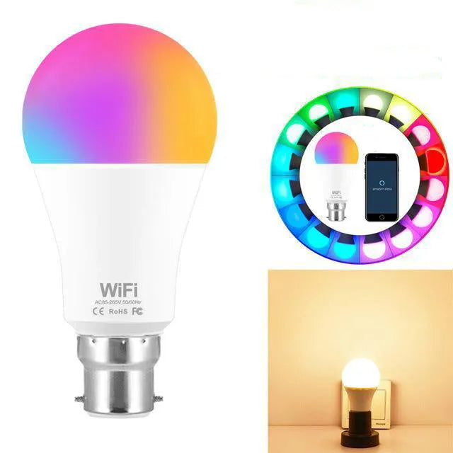 A smart WiFi LED light bulb with E27 screw base showing RGB colour-changing glow.