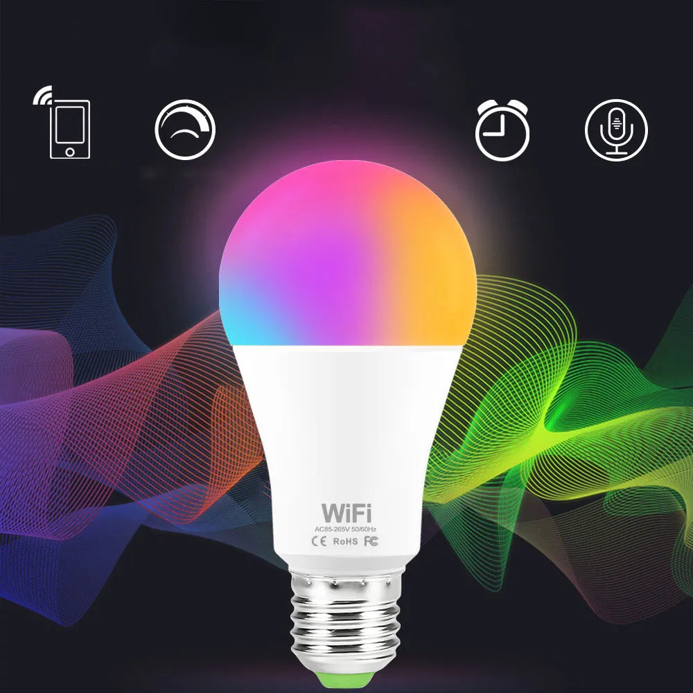 A smart WiFi LED light bulb with E27 screw base showing RGB colour-changing glow.