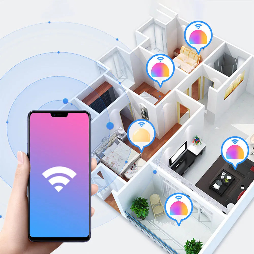 A smart WiFi LED light bulb with E27 screw base showing RGB colour-changing glow.