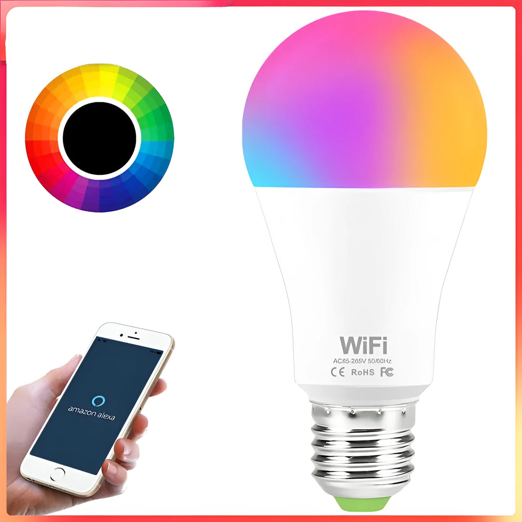 A smart WiFi LED light bulb with E27 screw base showing RGB colour-changing glow.