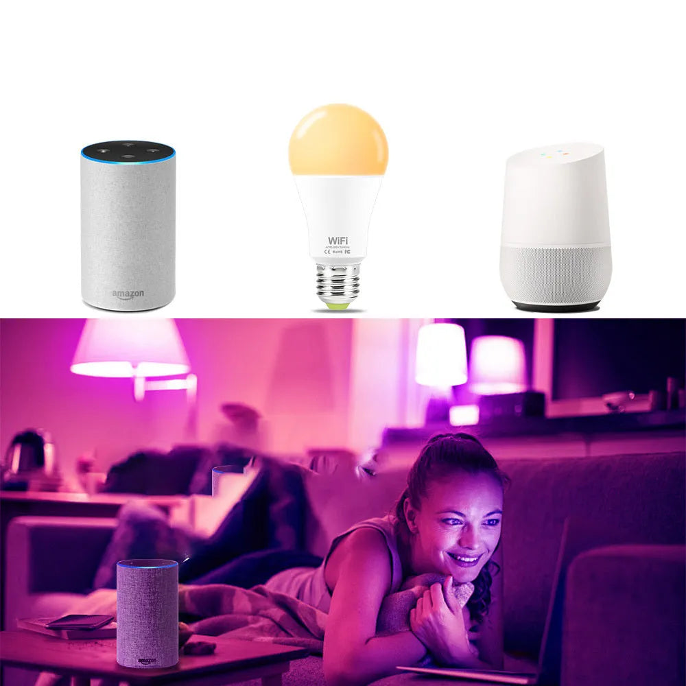 A smart WiFi LED light bulb with E27 screw base showing RGB colour-changing glow.