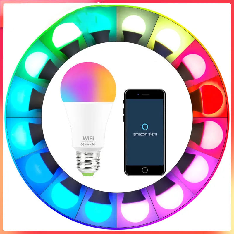 A smart WiFi LED light bulb with E27 screw base showing RGB colour-changing glow.