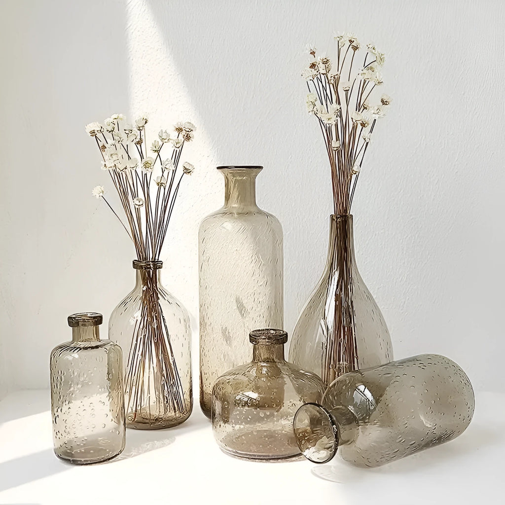 Geometric grey glass vase with bubble texture, 27cm tall with stained glass construction