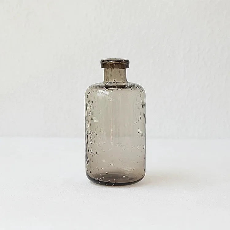 Geometric grey glass vase with bubble texture, 27cm tall with stained glass construction