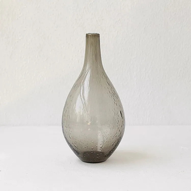 Geometric grey glass vase with bubble texture, 27cm tall with stained glass construction
