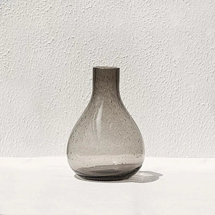 Geometric grey glass vase with bubble texture, 27cm tall with stained glass construction