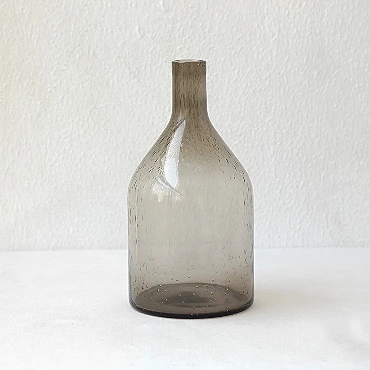 Geometric grey glass vase with bubble texture, 27cm tall with stained glass construction