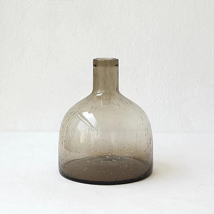 Geometric grey glass vase with bubble texture, 27cm tall with stained glass construction
